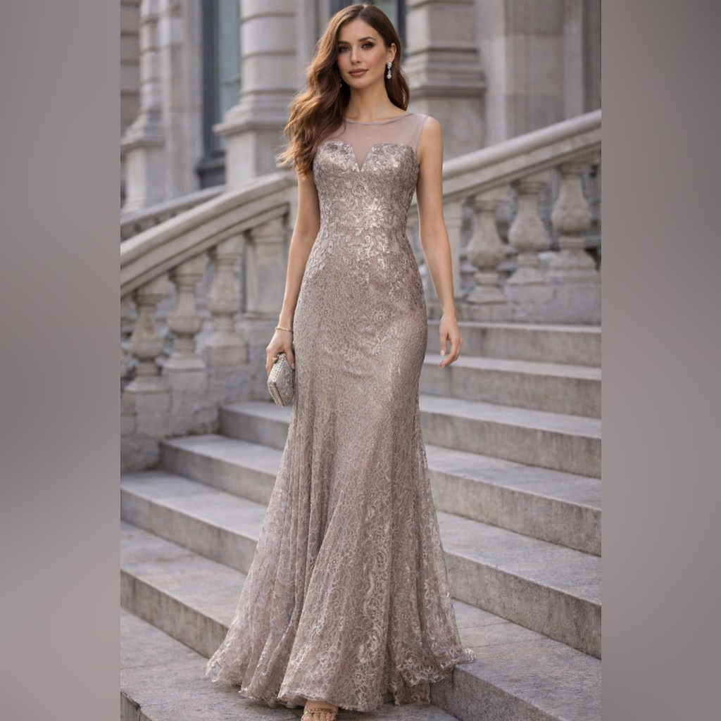Bcbgmaxazria “Julea” Illusion Neck Metallic Sequin Lace Gown Size 2